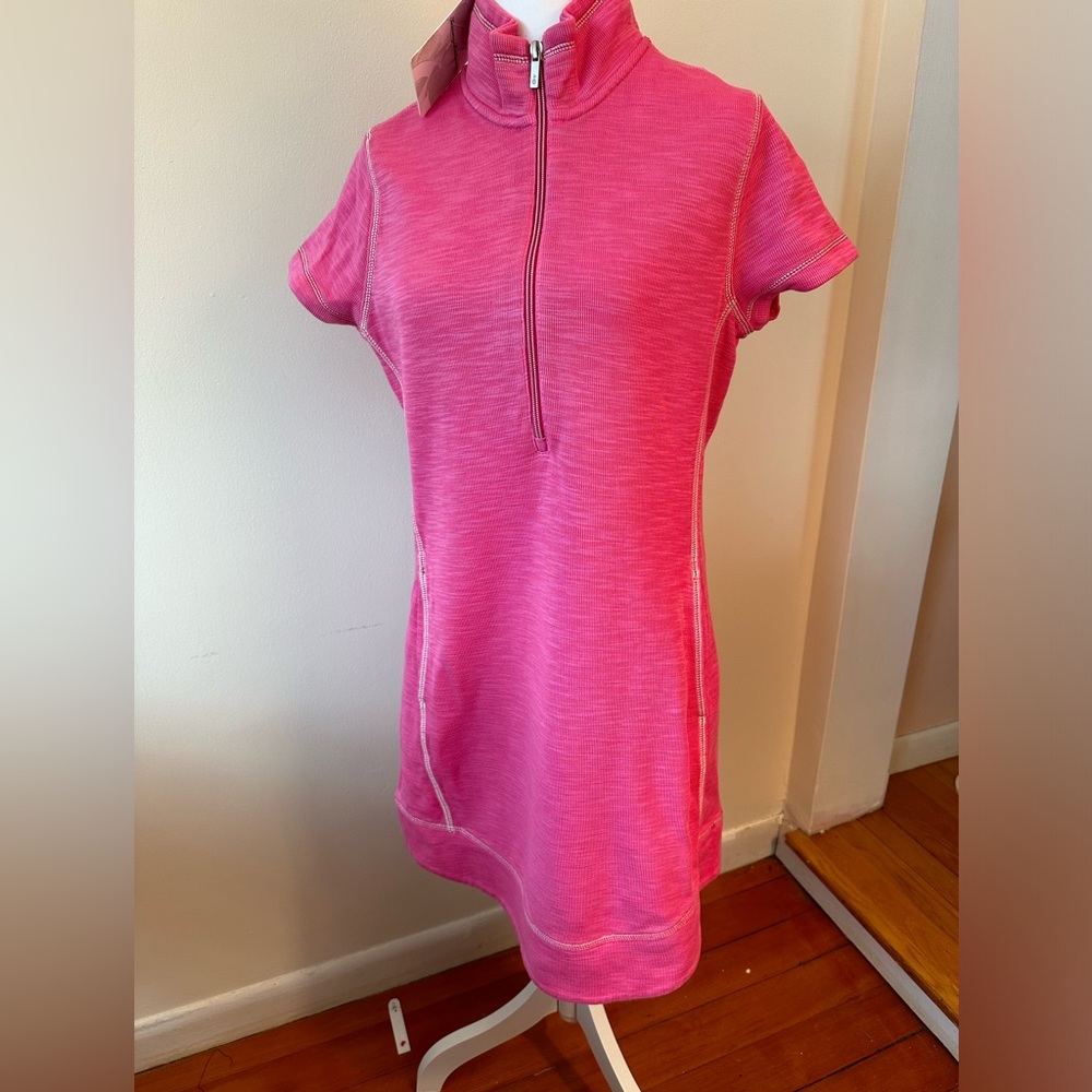 Tommy Bahama pink turtleneck mini dress with pockets & serge stitching. NWT